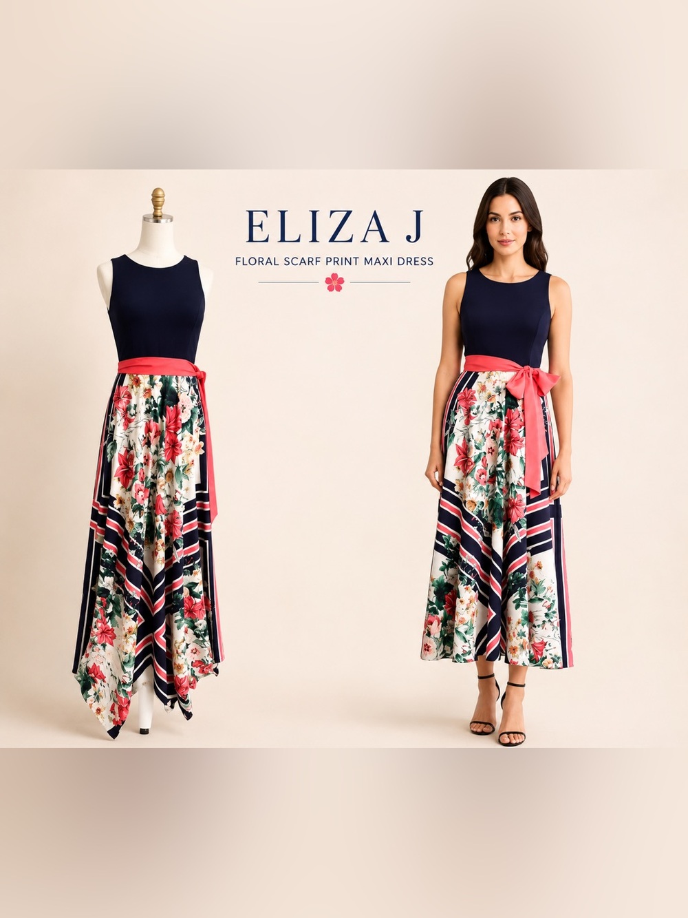 Eliza J Scarf Print Maxi Dress Size 6 Navy Floral Resort Wedding Guest Dress